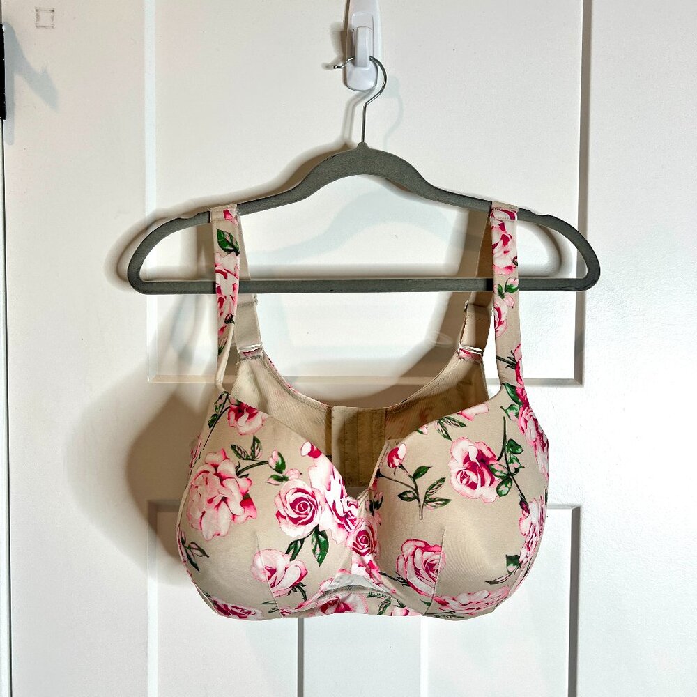 Cacique Lightly Lined Balconette Satin Pink Floral Rose Print Bra Sz 38G